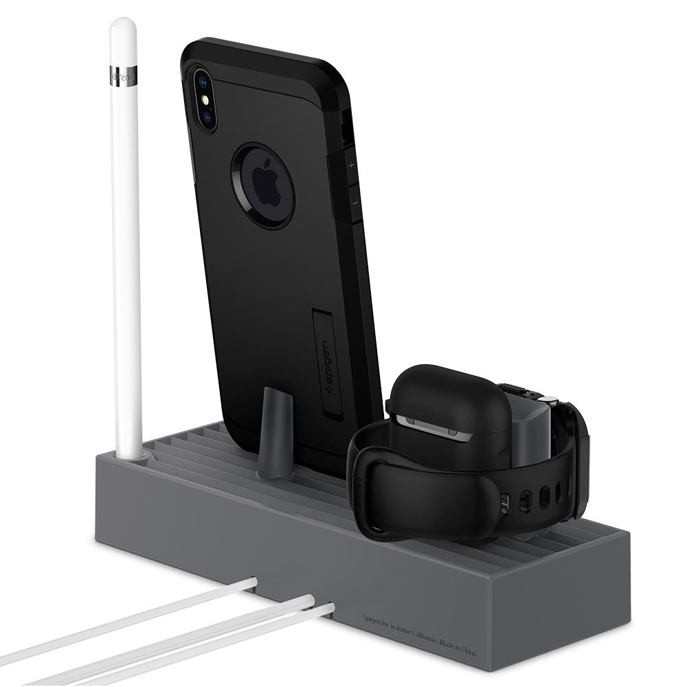 Apple 3-in-1 Stand S318 in charcoal showing the back, side and top with AirPod Pro, Apple Watch, iPhone and Apple Pencil