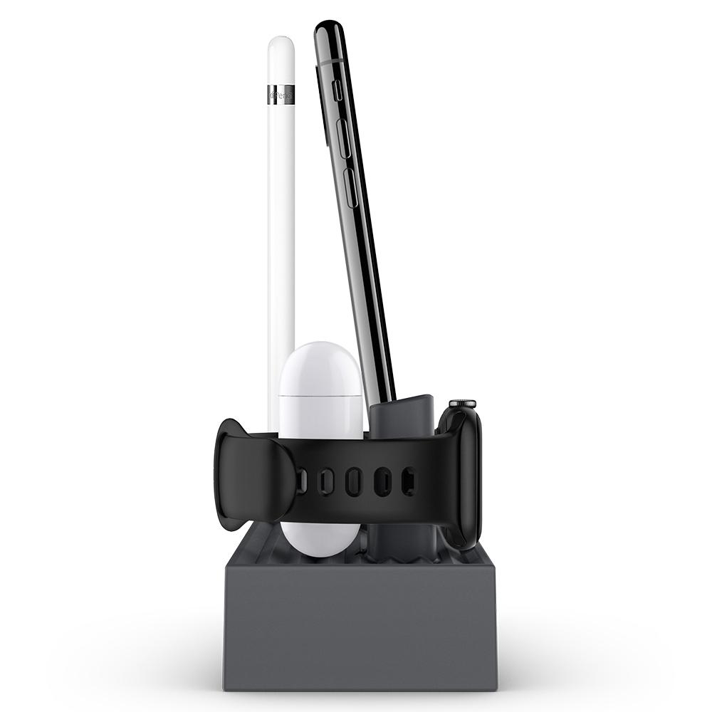 Apple 3-in-1 Stand S318 in charcoal showing the side with Apple pencil, iPhone, AirPod, and Apple Watch