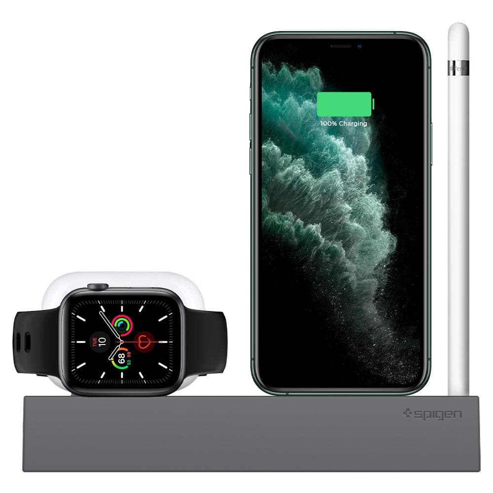 Apple 3-in-1 Stand S318 in charcoal showing the front with AirPod Pro, Apple Watch, iPhone and Apple Pencil