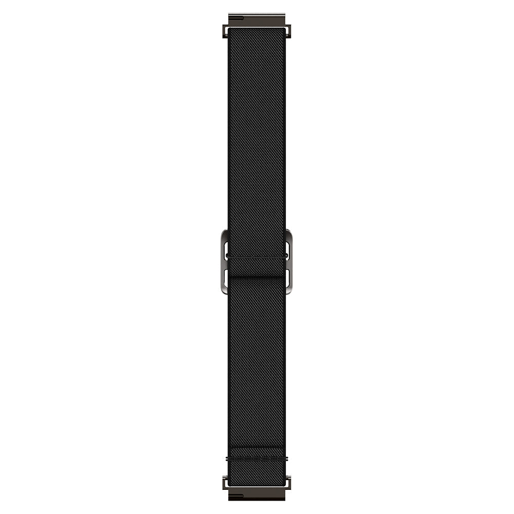 A black textured nylon watch strap with silver-toned metal hardware, shown vertically against a plain white background.
