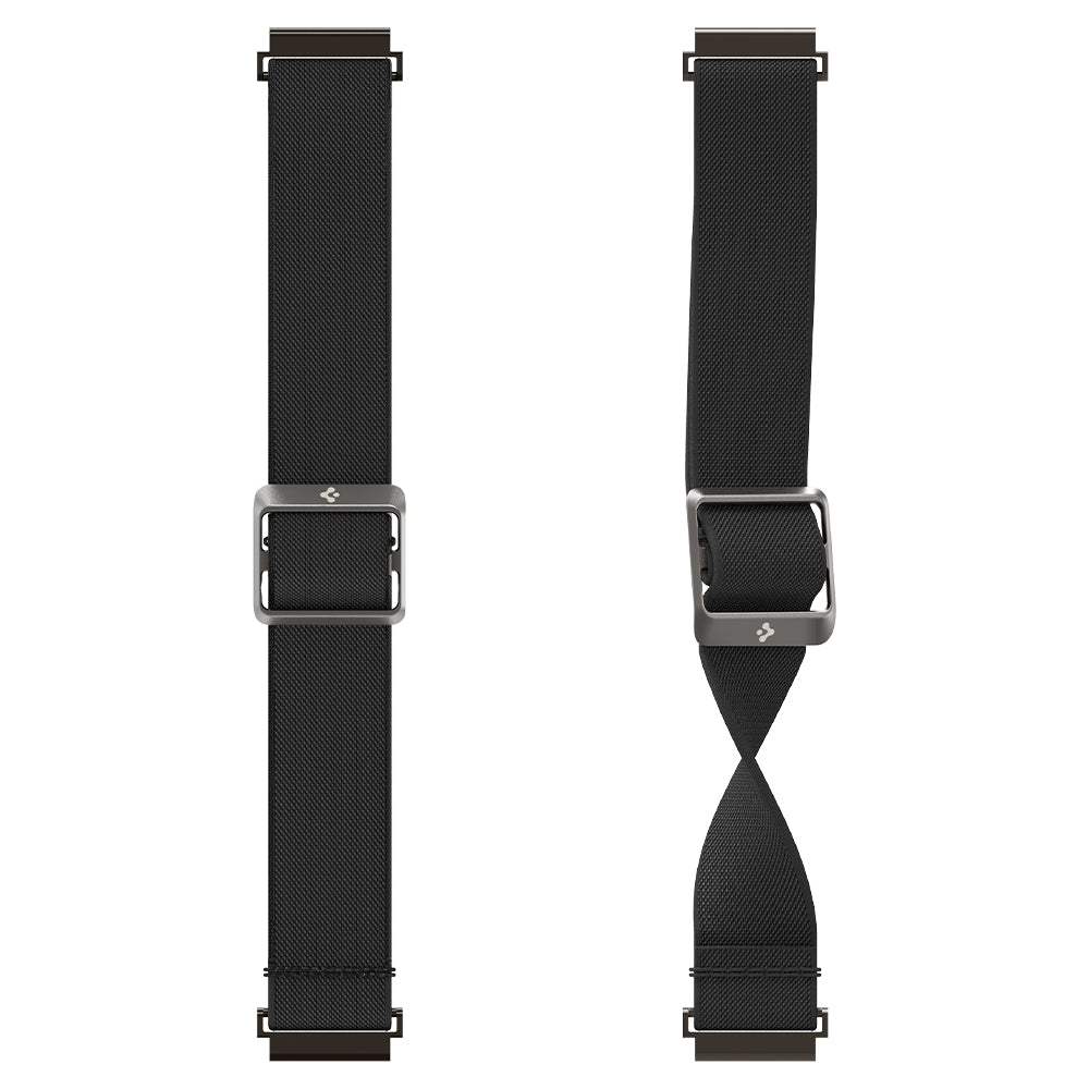 Black watch strap with silver buckle on a white background