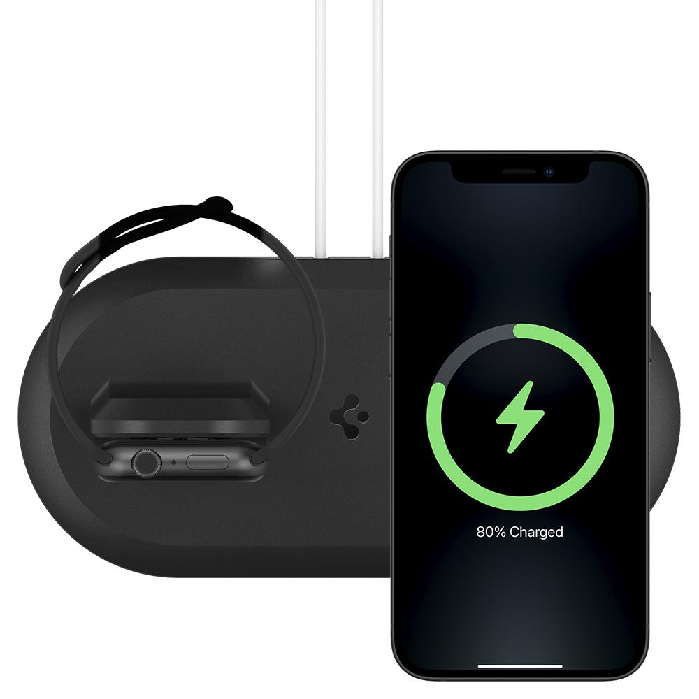 Mag Fit Duo in black showing the top view with iPhone and Apple Watch charging