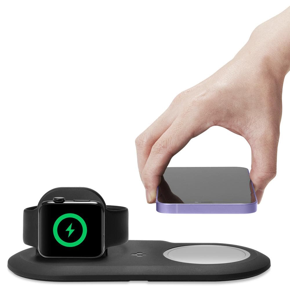 MagFit Duo in black showing the front with Apple Watch charging and iPhone above charger
