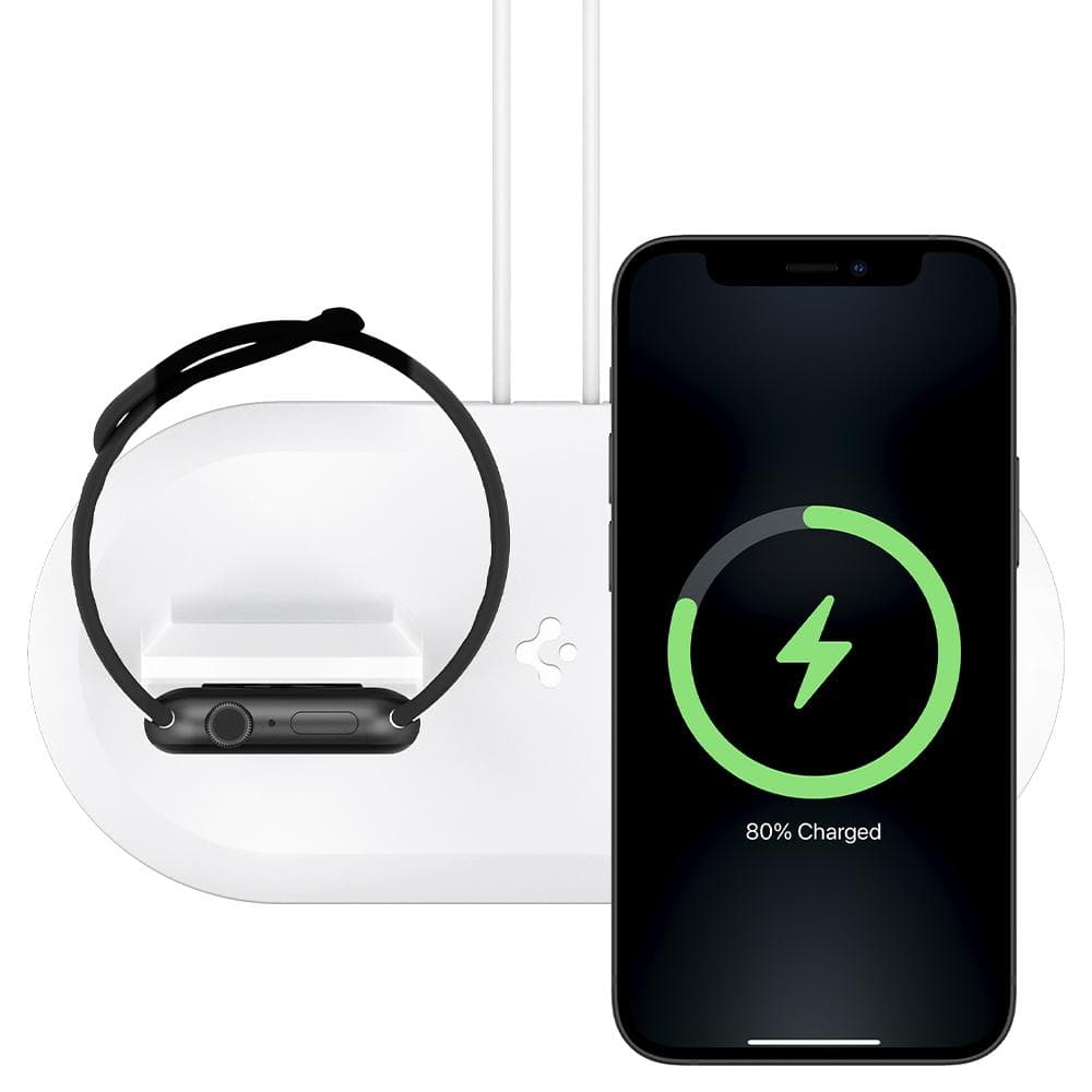 Mag Fit Duo in white showing the top view with iPhone and Apple Watch charging