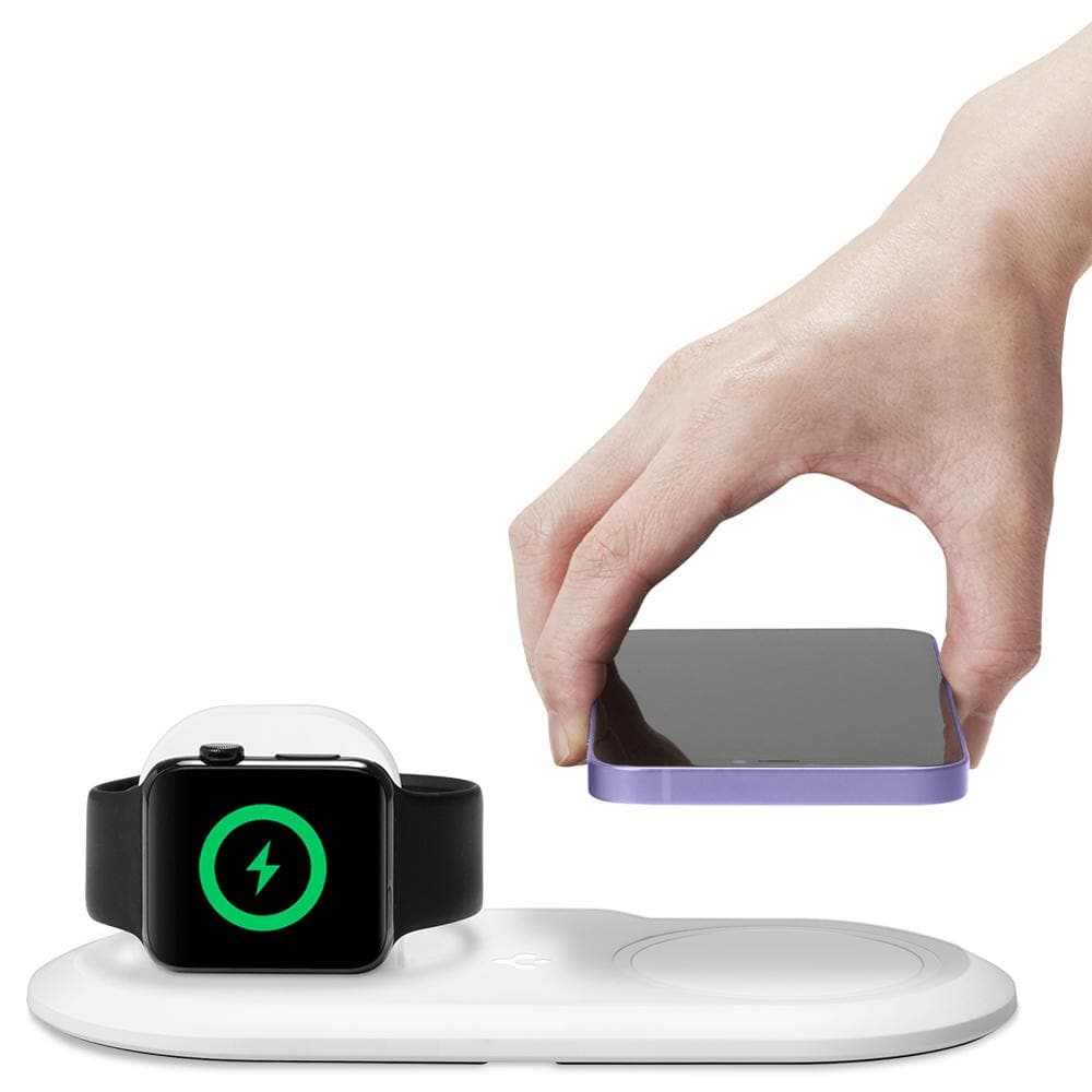 MagFit Duo in white showing the front with Apple Watch charging and iPhone above charger