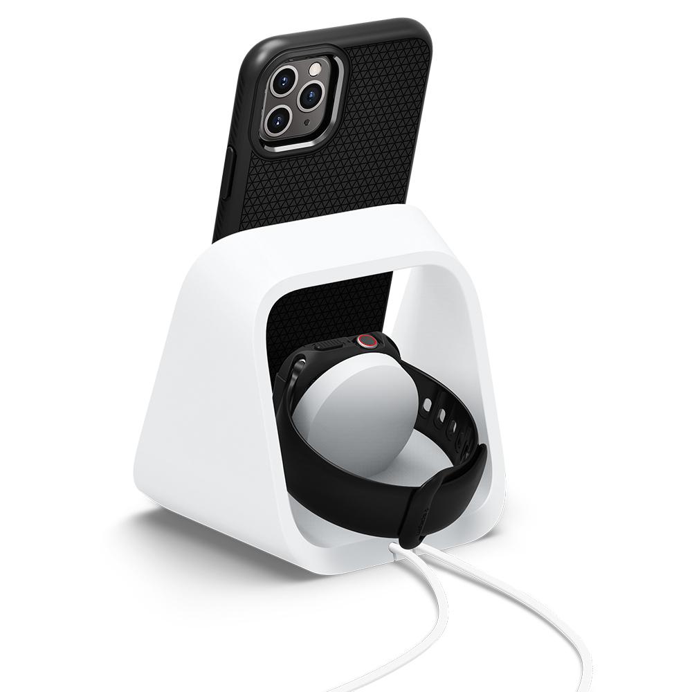 Apple 2-in-1 Stand S316 in white showing the back and side with iPhone and Apple watch charging