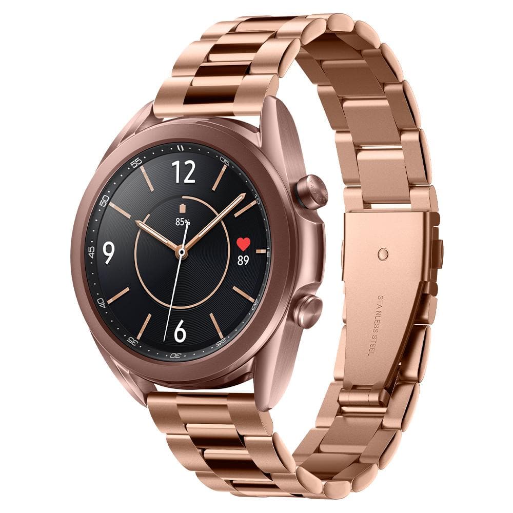 Galaxy Watch 3 (41mm) Watch Band Modern Fit (20mm) in rose gold showing the front and inside on bronze watch