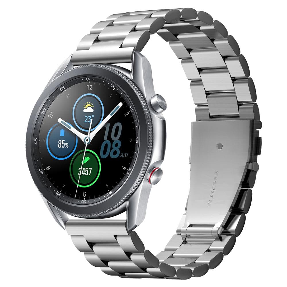 Galaxy Watch 3 (45mm) Watch Band Modern Fit (22mm) in silver showing the front at an angle on watch