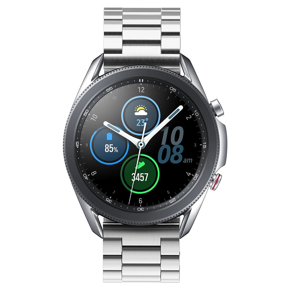 Galaxy Watch 3 (45mm) Watch Band Modern Fit (22mm) in silver showing the front on watch