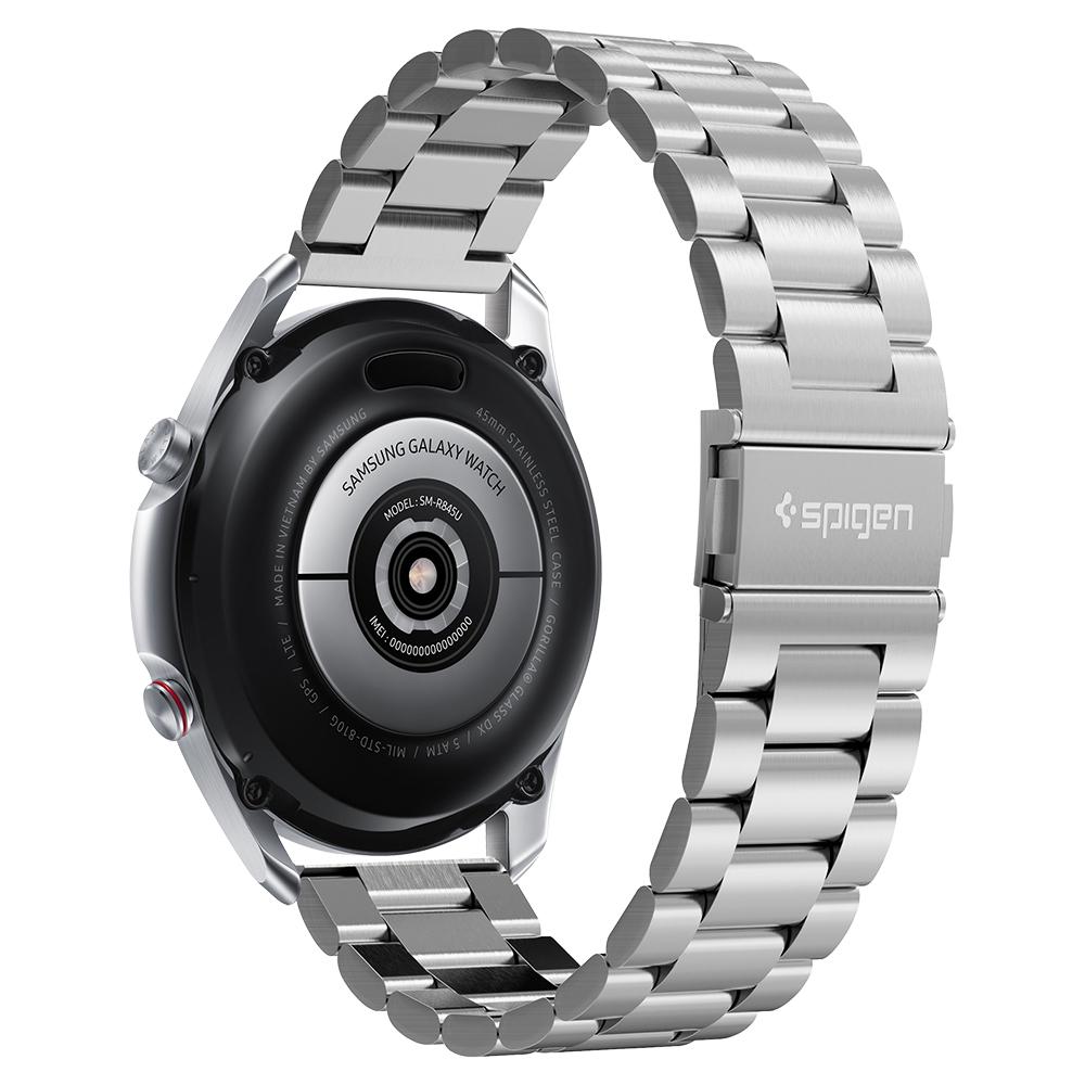 Galaxy Watch 3 (45mm) Watch Band Modern Fit (22mm) in silver showing the back at an angle on watch