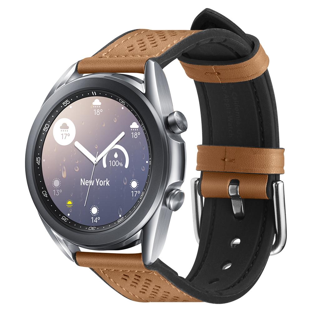 Galaxy Watch 3 (41mm) Watch Band Retro Fit (20mm) in brown showing the front at an angle on silver watch