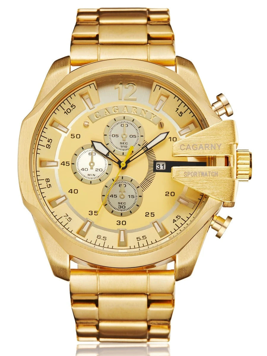 A gold-tone stainless steel wrist watch with a matching link bracelet, featuring a beige dial with three sub dials, a date window.