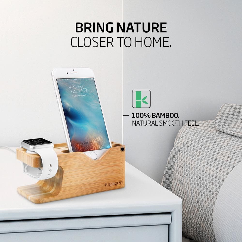 Apple Watch + Phone Stand S370 showing it is 100% bamboo with a natural smooth feel.  Bring nature closer to home.