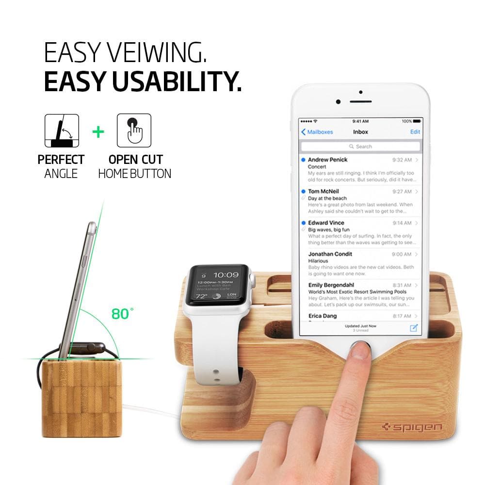 Apple Watch + Phone Stand S370 showing it is easy viewing and easy usability.  Perfect 80 degrees angle + open cut home button