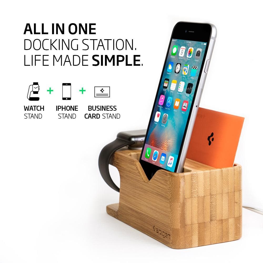 Apple Watch + Phone Stand S370 showing it is all in one docking station.  Life made simple.  Acts as a watch stand, iphone stand and business card stand.