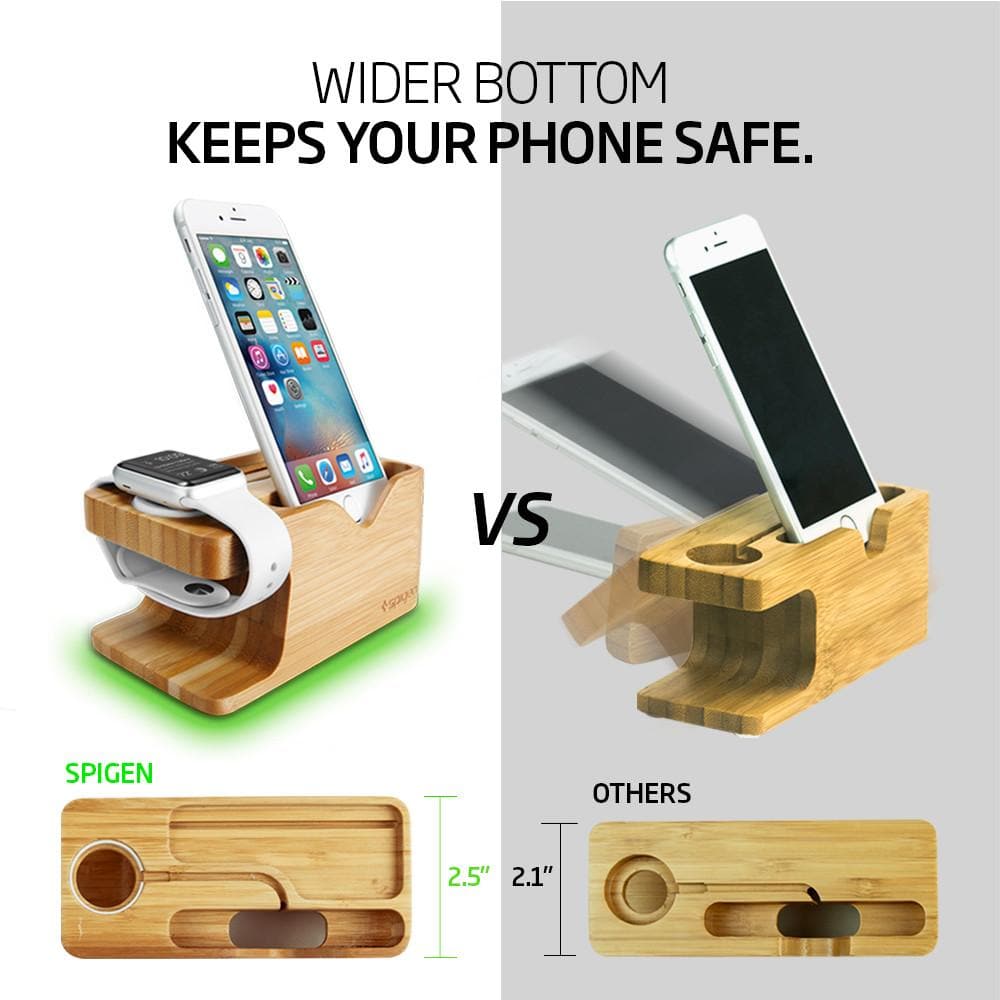 Apple Watch + Phone Stand S370 showing it has a wider bottom to keep your phone safe.