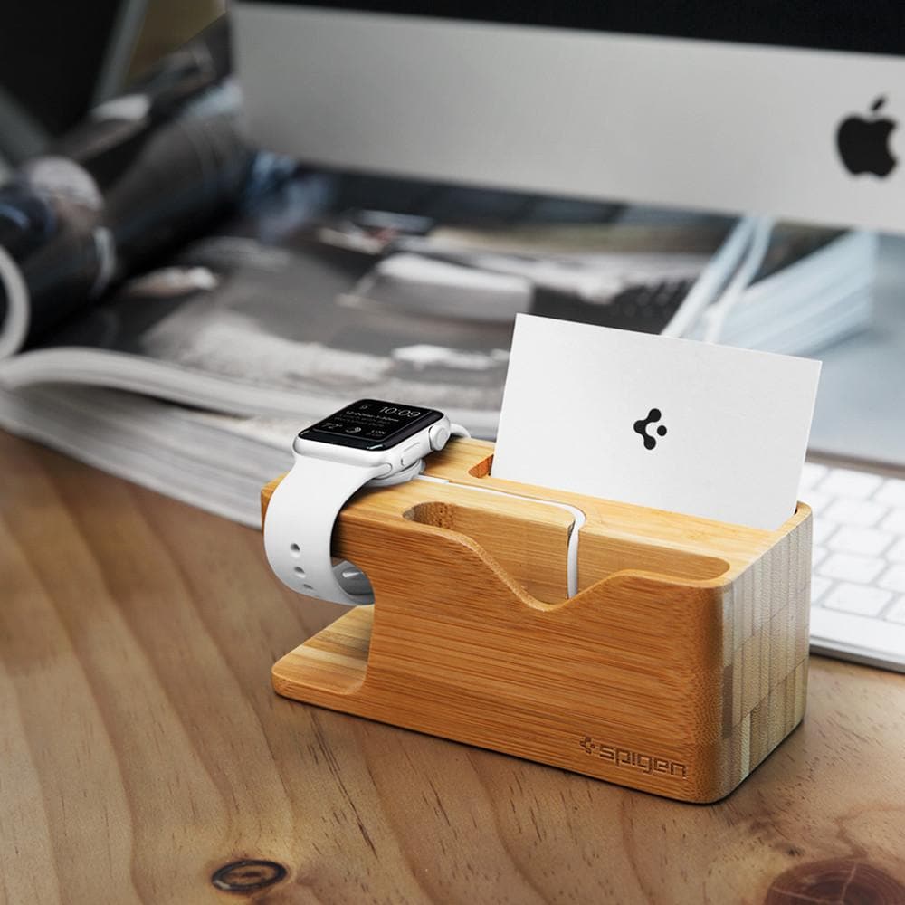 Apple Watch + Phone Stand S370 showing the front with watch charging and holding business card.
