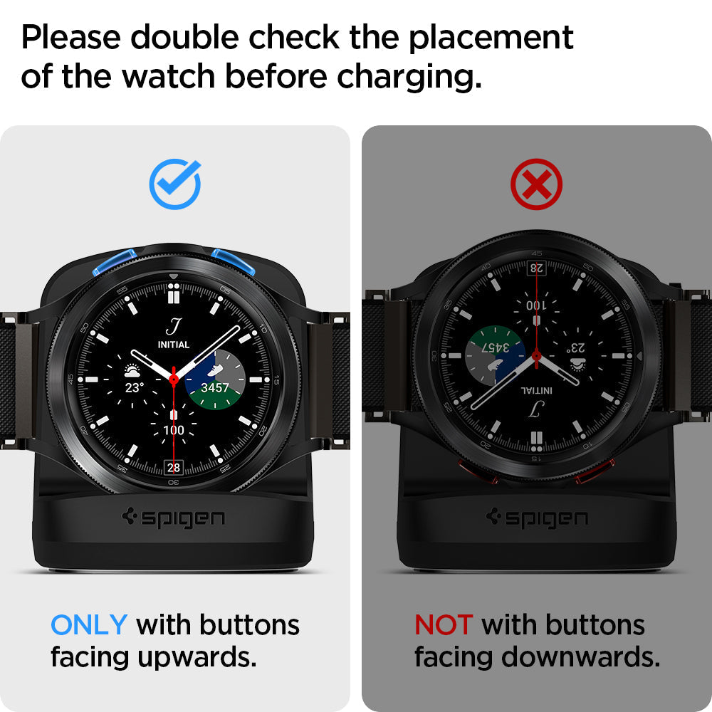 Galaxy Watch Night Stand S352 correct placement check. Please double check the placement of the watch before charging. Only with buttons facing upwards. Not with buttons facing downwards.