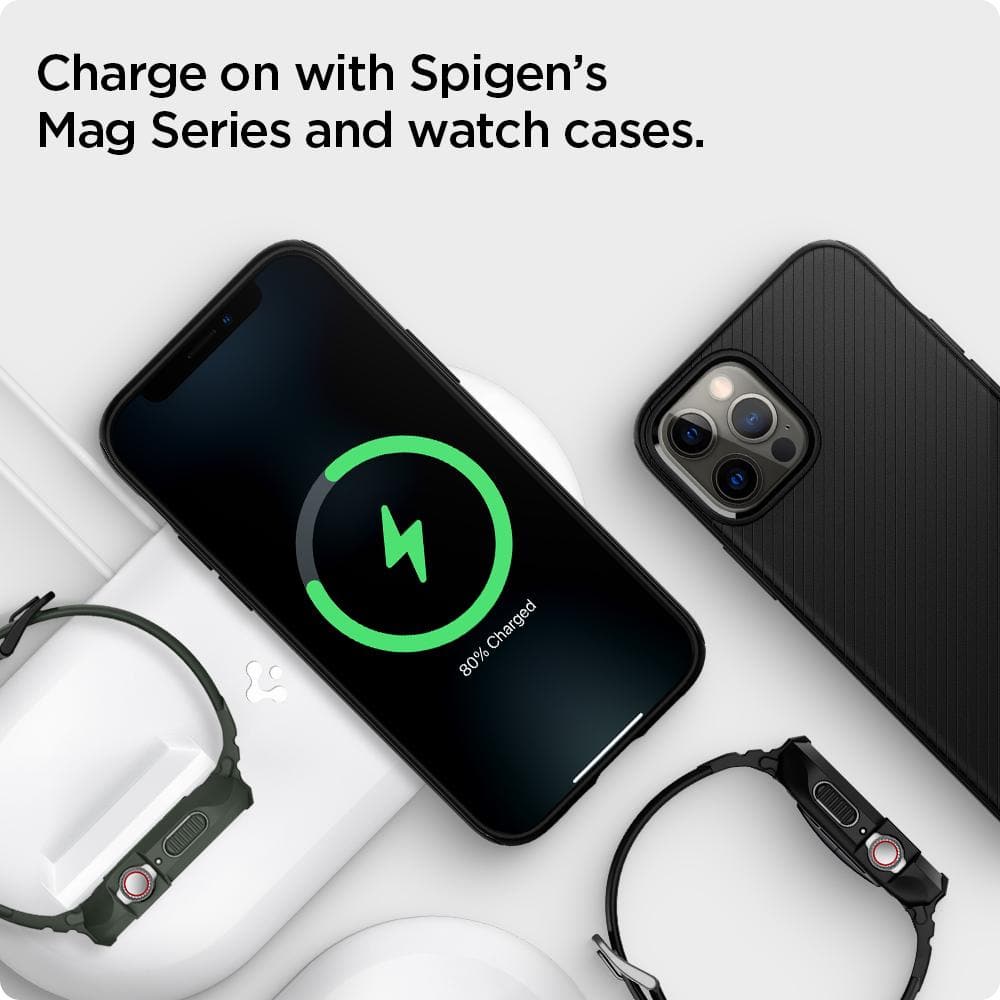 MagFit Duo showing to charge on with Spigen's Mag Series and watch cases