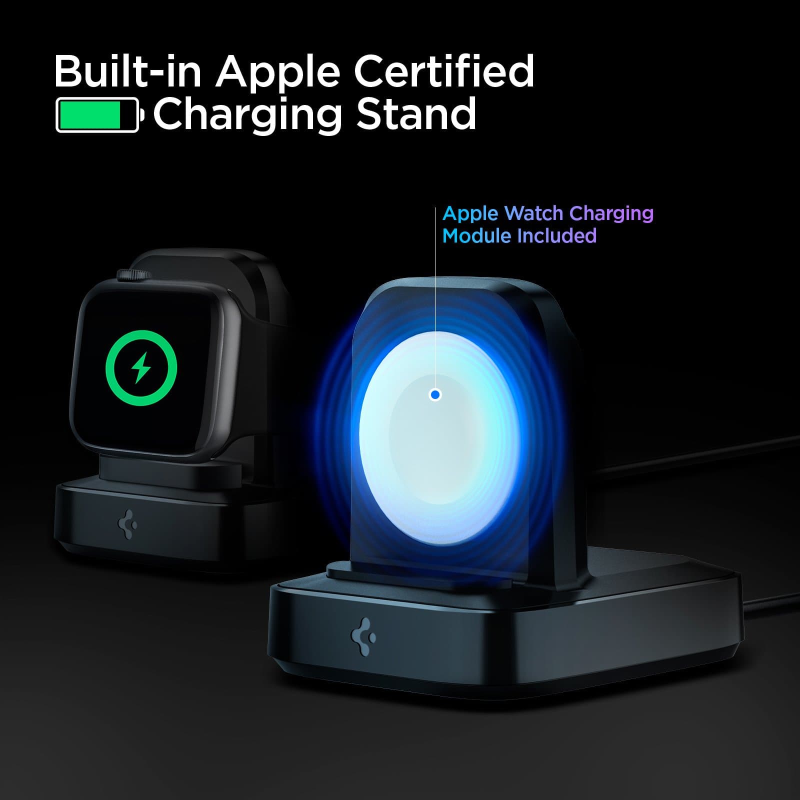 ArcField™ Wireless Charger for Apple Watch showing it's built-in Apple certified charging stand. Apple Watch charging module included.