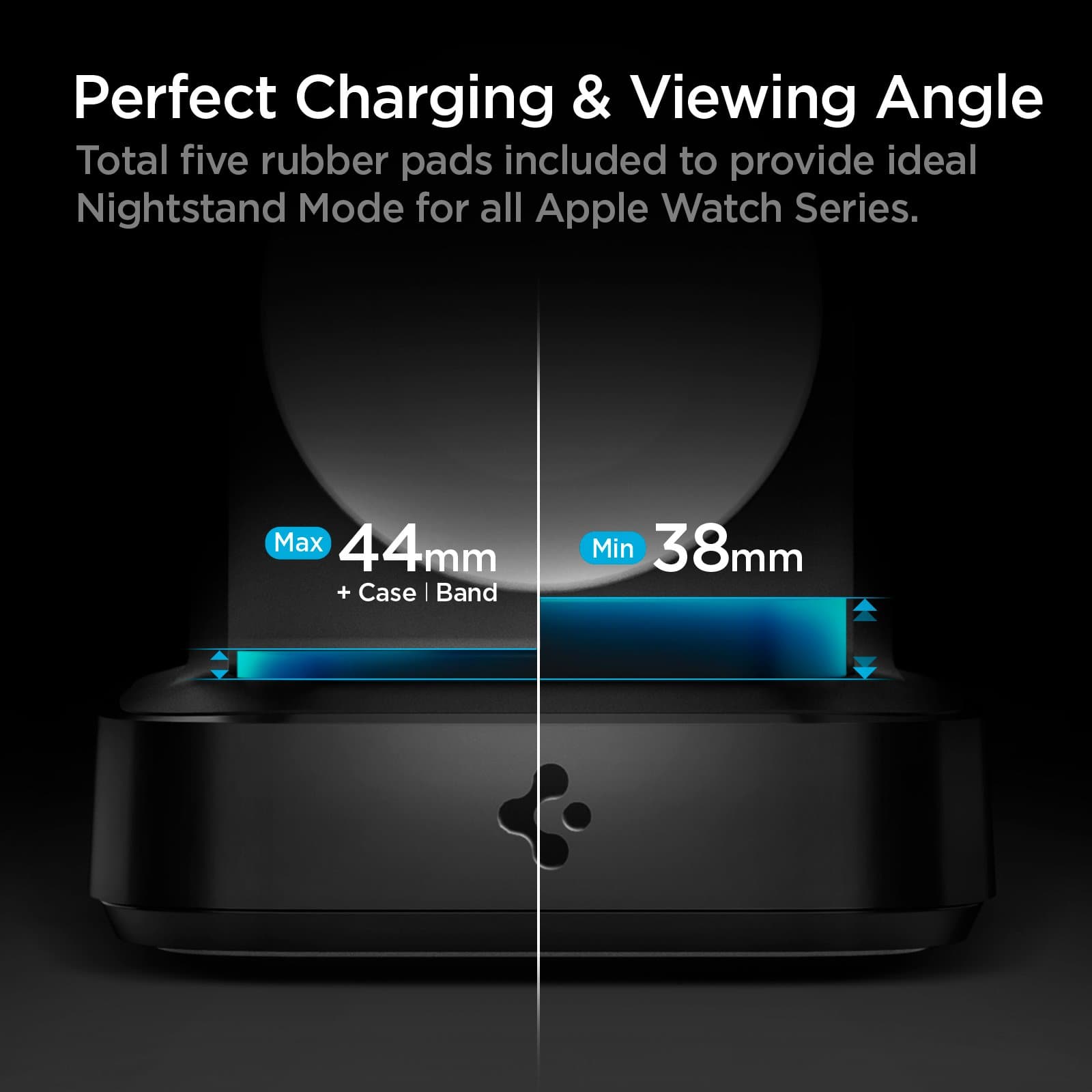 ArcField™ Wireless Charger for Apple Watch showing its perfect charging and viewing angle. Total five rubber pads included to provide ideal nightstand mode for all Apple Watch Series