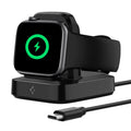 ArcField™ Wireless Charger for Apple Watch in black showing the sides and front with an Apple watching charging on stand and USB-C cable