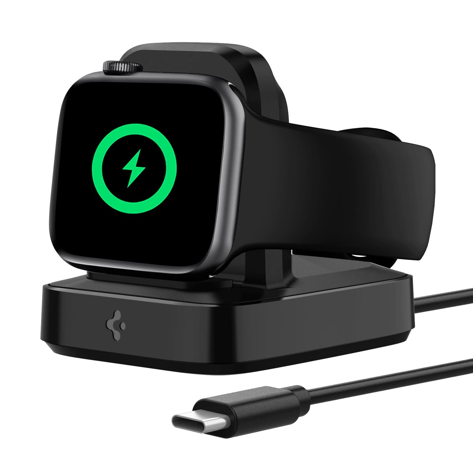 ArcField™ Wireless Charger for Apple Watch in black showing the sides and front with an Apple watching charging on stand and USB-C cable