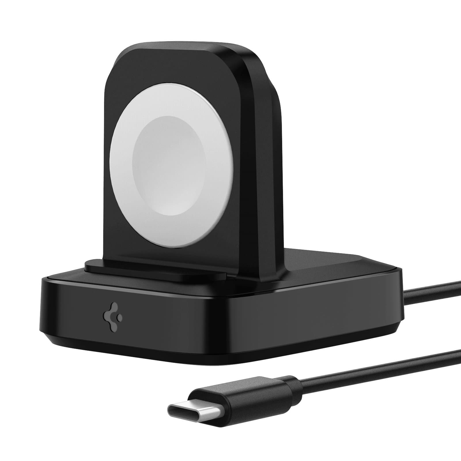 ArcField™ Wireless Charger for Apple Watch in black showing the sides and front without an Apple watching charging on stand and USB-C cable