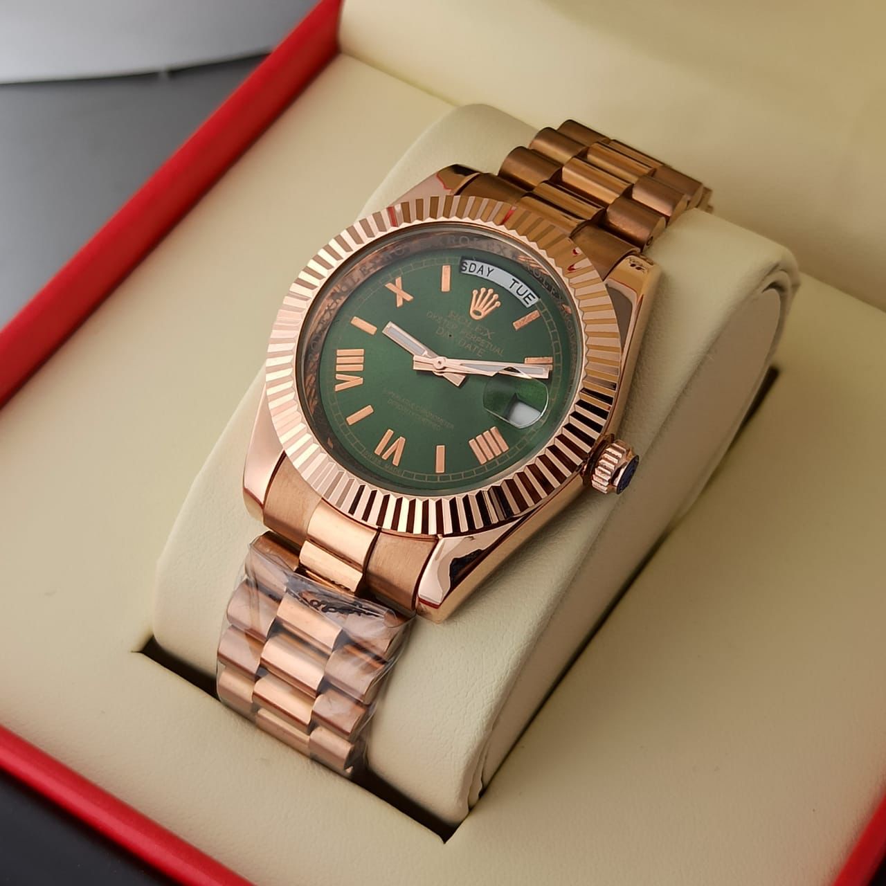 The Rolex Day-Date 40 Watch - Plan Bezel - sky blue Diagonal Motif Index Dial - President Bracelet