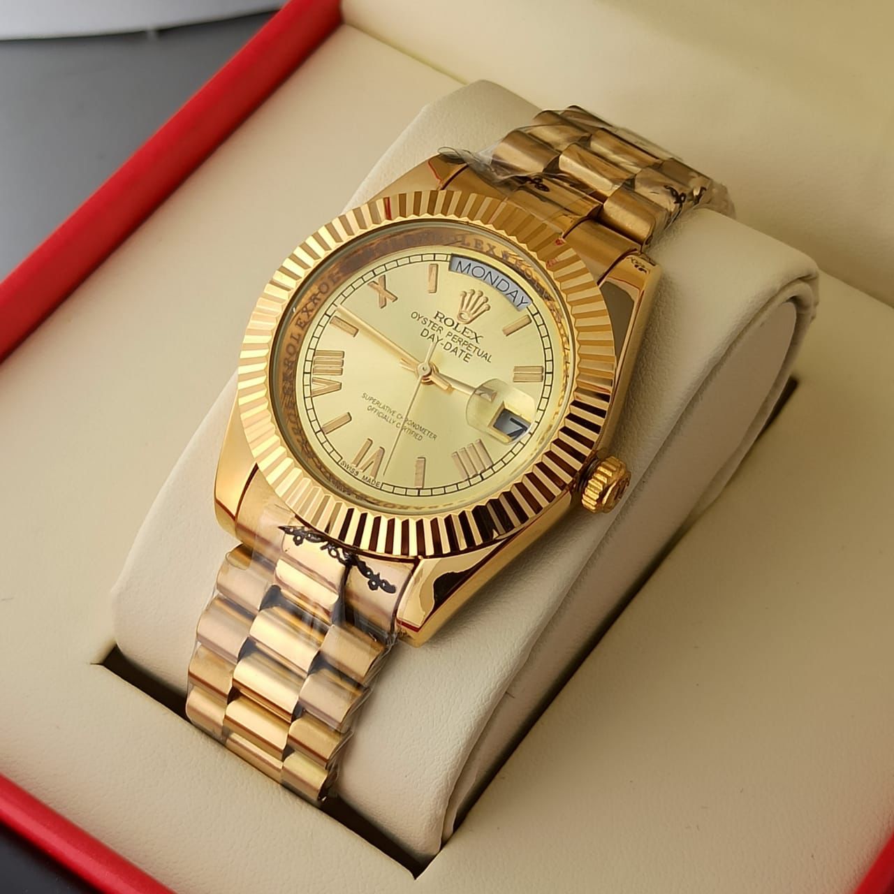 The Rolex Day-Date 40 Watch - Plan Bezel - sky blue Diagonal Motif Index Dial - President Bracelet