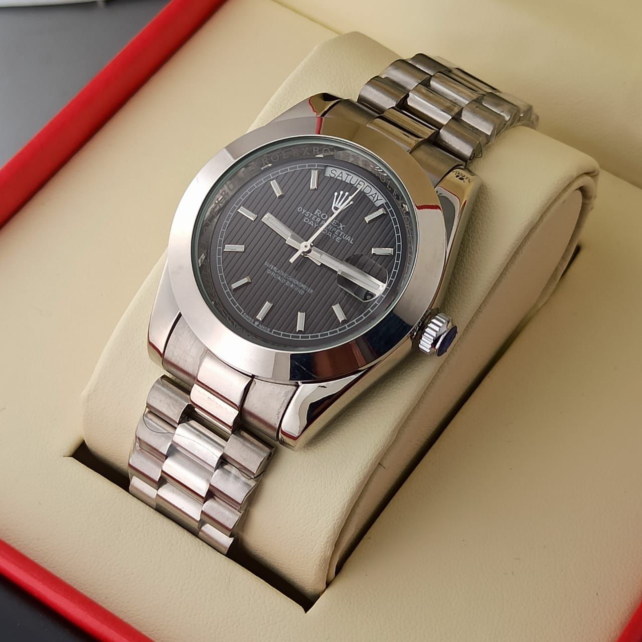 The Rolex Day-Date 40 Watch - Plan Bezel - sky blue Diagonal Motif Index Dial - President Bracelet