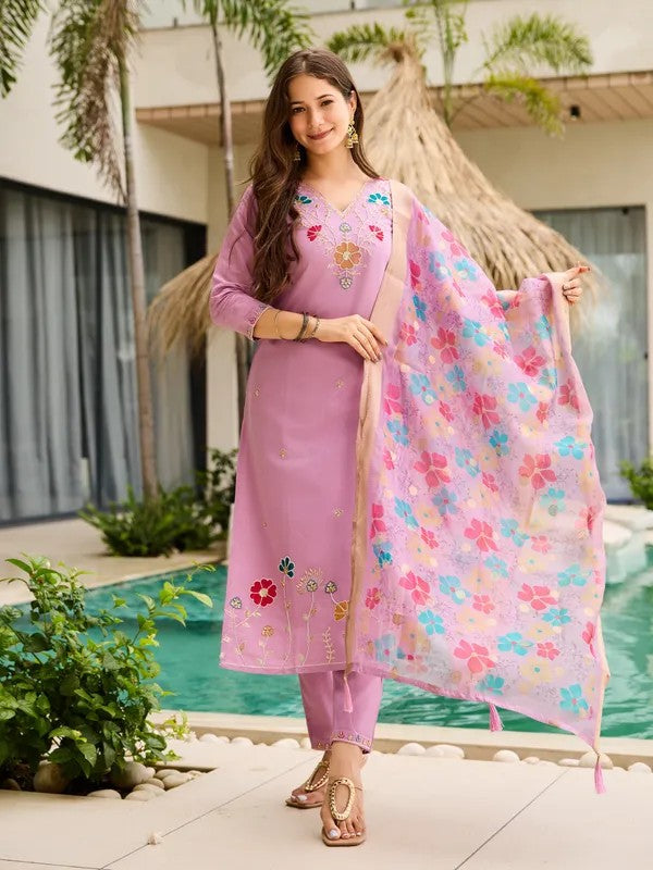 Womens Lavender Embroidered Soft Ethnic Suit Set