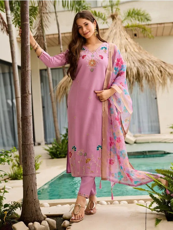 Womens Lavender Embroidered Soft Ethnic Suit Set