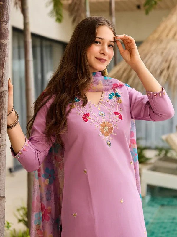 Womens Lavender Embroidered Soft Ethnic Suit Set