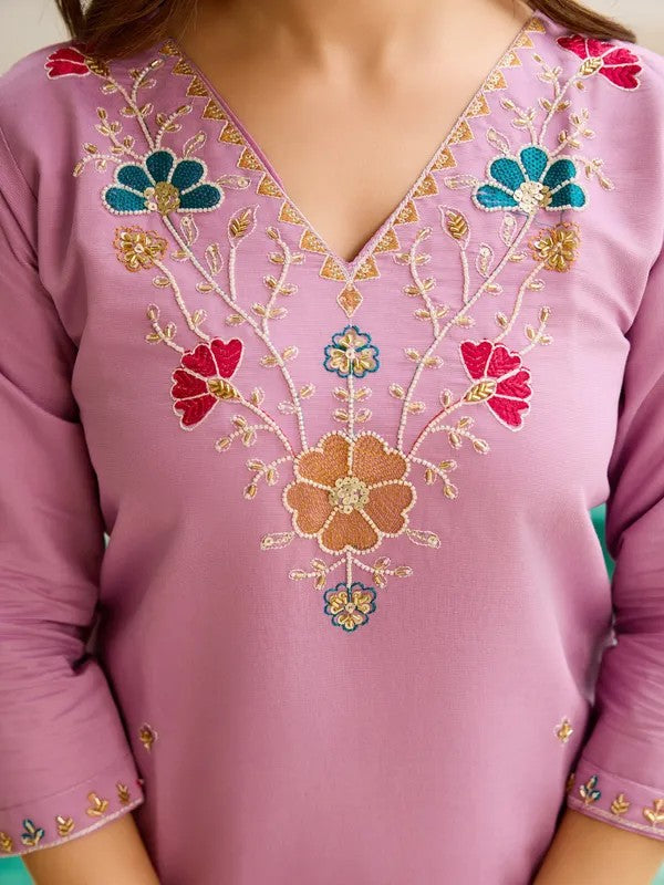 Womens Lavender Embroidered Soft Ethnic Suit Set