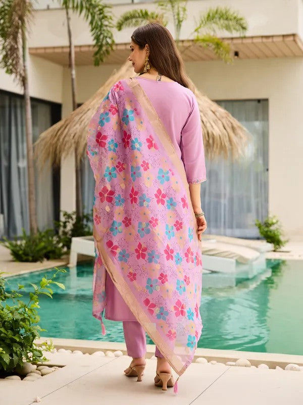 Womens Lavender Embroidered Soft Ethnic Suit Set