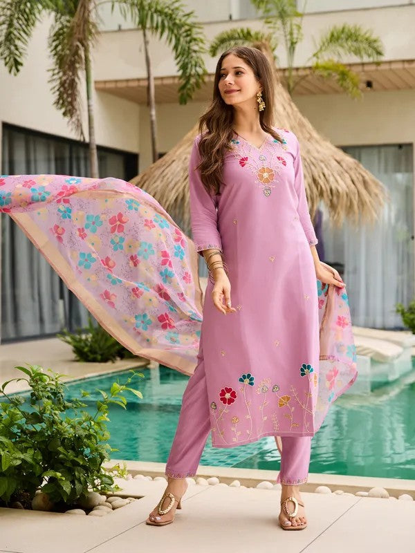 Womens Lavender Embroidered Soft Ethnic Suit Set