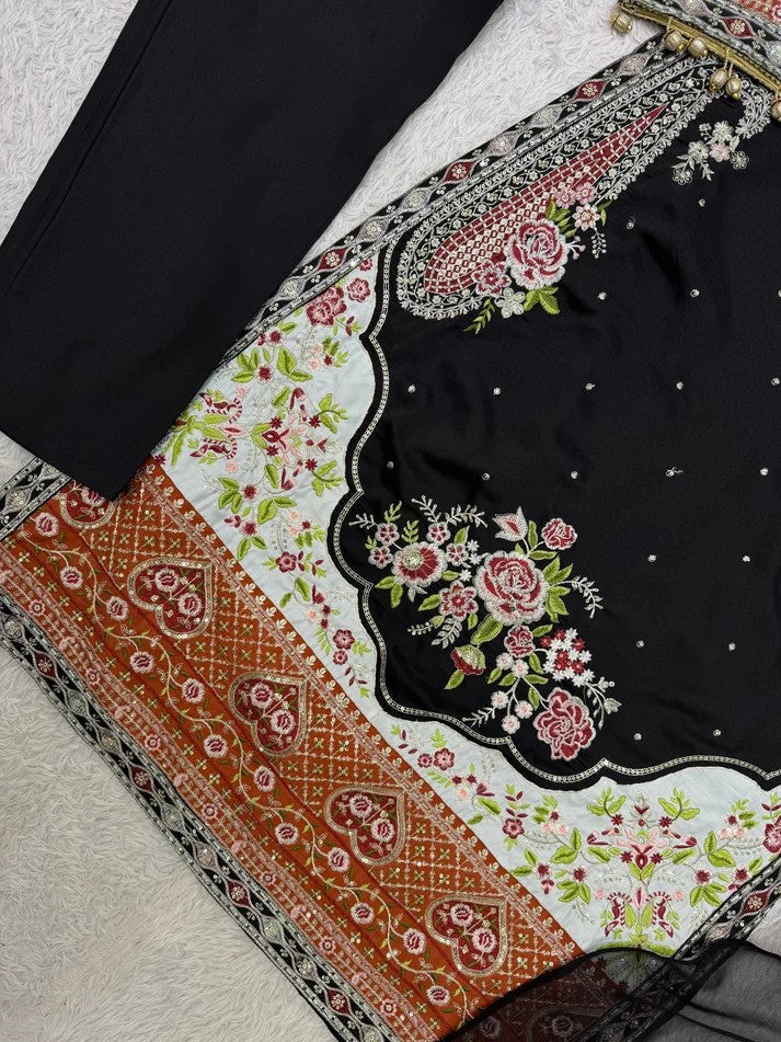 Women Paki Style Star Silk Embroidery Kurti Pant Dupatta Set
