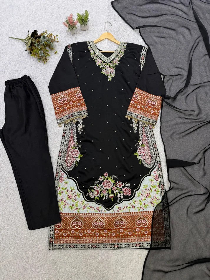 Women Paki Style Star Silk Embroidery Kurti Pant Dupatta Set