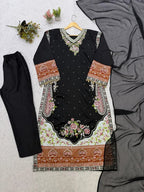 Women Paki Style Star Silk Embroidery Kurti Pant Dupatta Set
