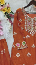 Women Pure Fendy Silk Embroidered Sharara Set