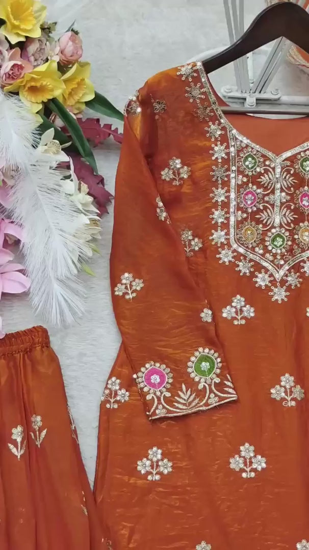 Women Pure Fendy Silk Embroidered Sharara Set