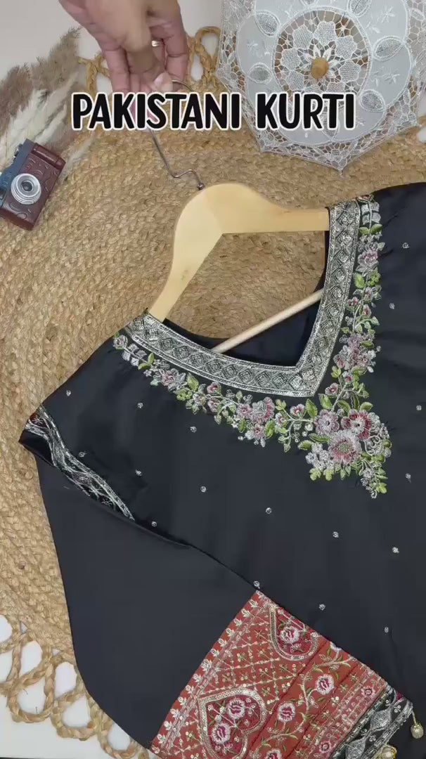 Women Paki Style Star Silk Embroidery Kurti Pant Dupatta Set