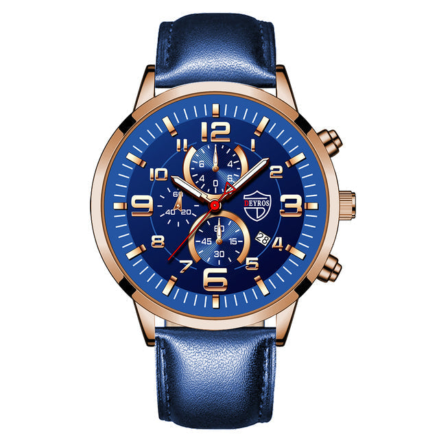 Stainless Steel Quartz Luminous Casual Leather Wrist Watch For Business Men RT4681