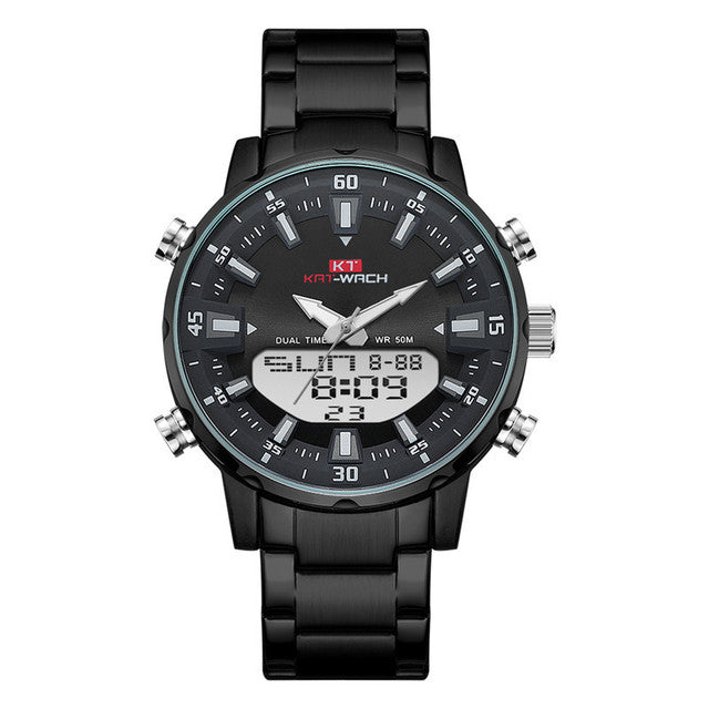 Black digital-analog sport watch with a black link strap, black case, and a dark gray dial featuring silver hands, white markers, and a digital display window. 