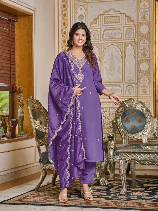 Women Purple Embroidered Rayon 3-Piece Ethnic Wear Kurti Set