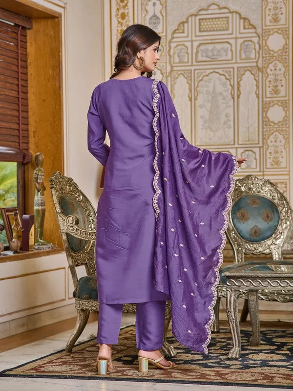 Women Purple Embroidered Rayon 3-Piece Ethnic Wear Kurti Set