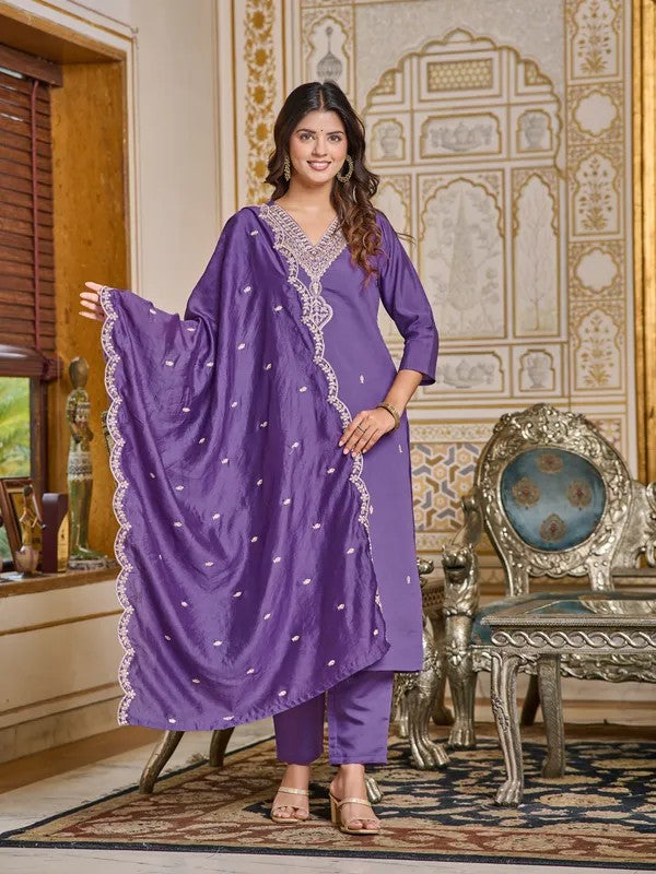 Women Purple Embroidered Rayon 3-Piece Ethnic Wear Kurti Set
