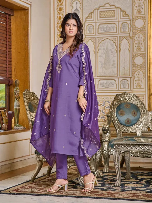 Women Purple Embroidered Rayon 3-Piece Ethnic Wear Kurti Set