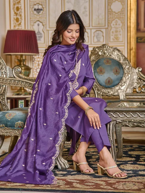 Women Purple Embroidered Rayon 3-Piece Ethnic Wear Kurti Set